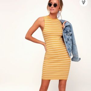 Yellow Striped Ribbed Bodycon Midi Dress